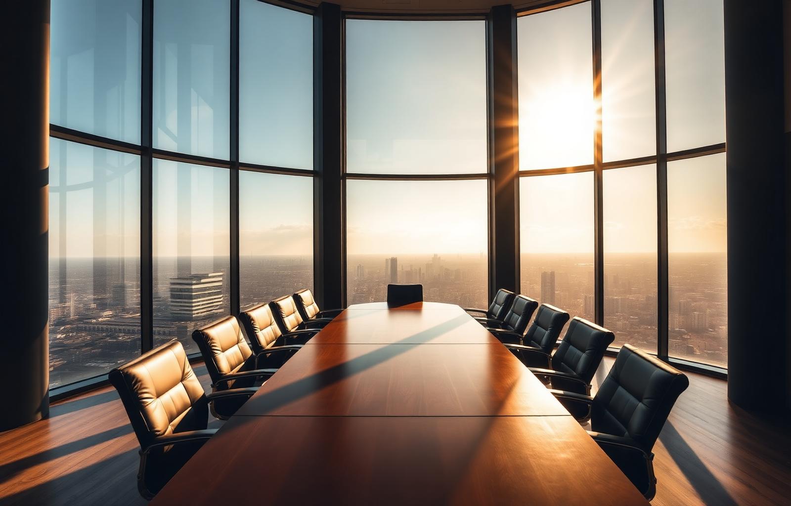 Corporate boardroom overlooking African city skyline